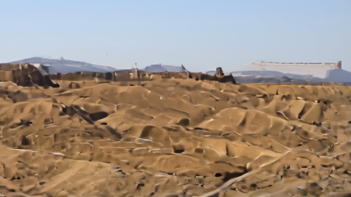 An open-pit gold mine with haul trucks descending switchbacks, a processing plant on the horizon under midday sun.