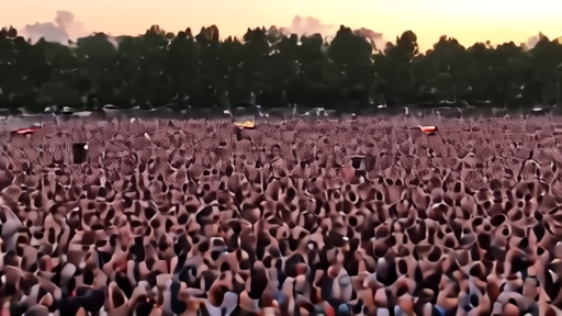 Wide-shot stadium concert at dusk with a single performer at center stage and a packed crowd singing along.