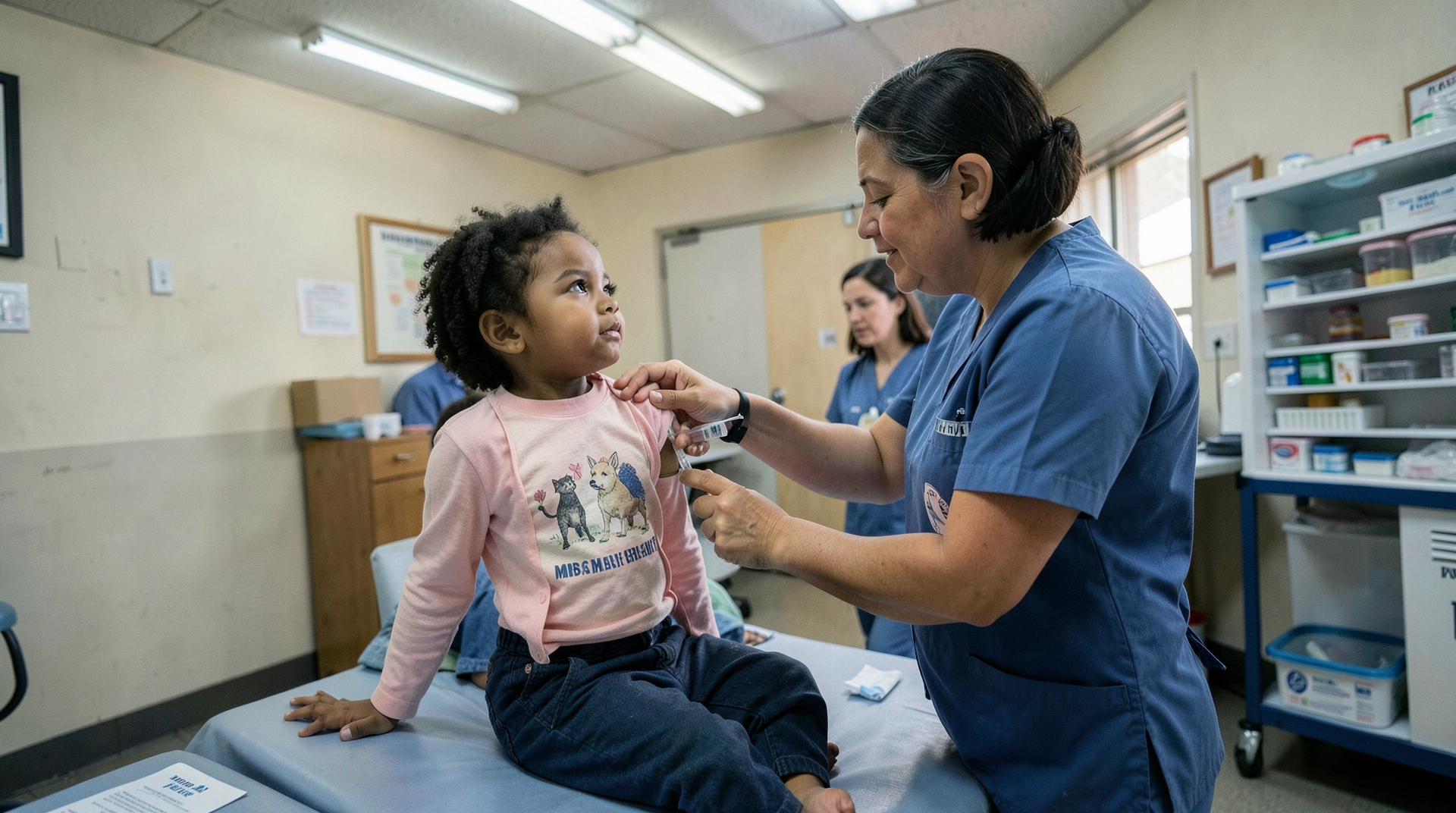 Child receiving an MMR vaccine at a community clinic in the Americas with parent's hand on shoulder