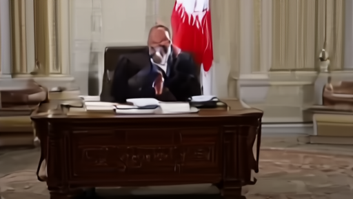 Iranian president on a desk telephone in a sober Tehran office at night with a single lamp
