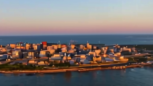 An aerial view of a large oil refinery complex with storage tanks at twilight, near the Chinese coast.
