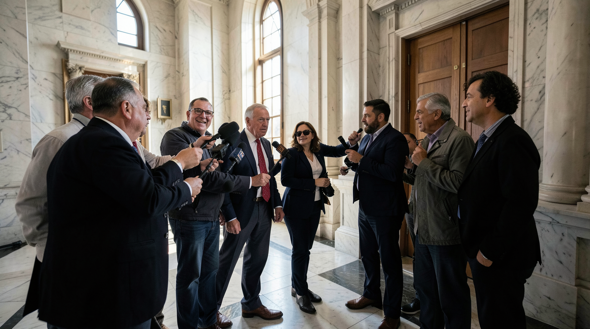 Senate hallway with Republican senator answering reporters' questions outside the Banking Committee room