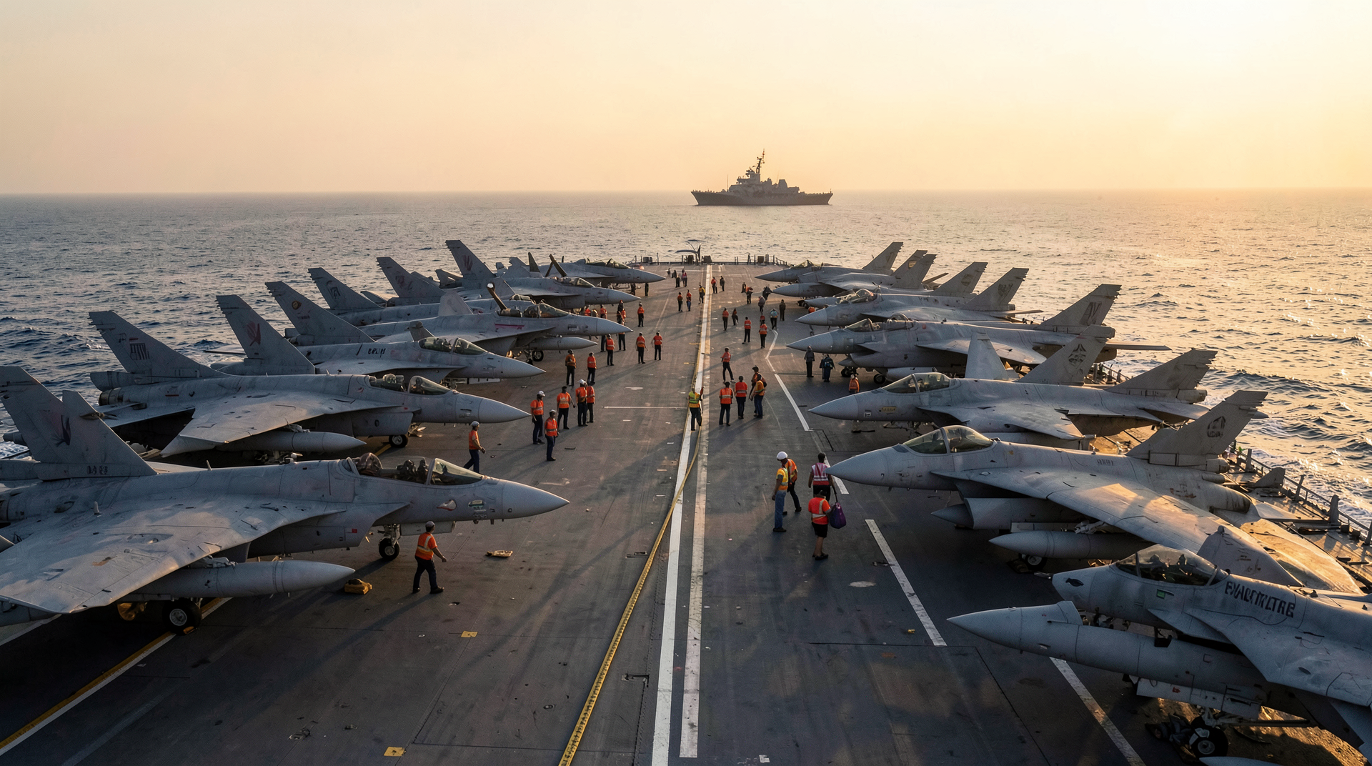 U.S. aircraft carrier deck loaded with squadrons in the Arabian Sea at golden hour
