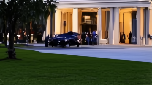 Mar-a-Lago portico at evening with Secret Service silhouettes and a black SUV at the gate