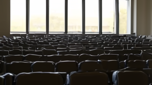 Empty university auditorium with a printed survey questionnaire on each seat, low afternoon light