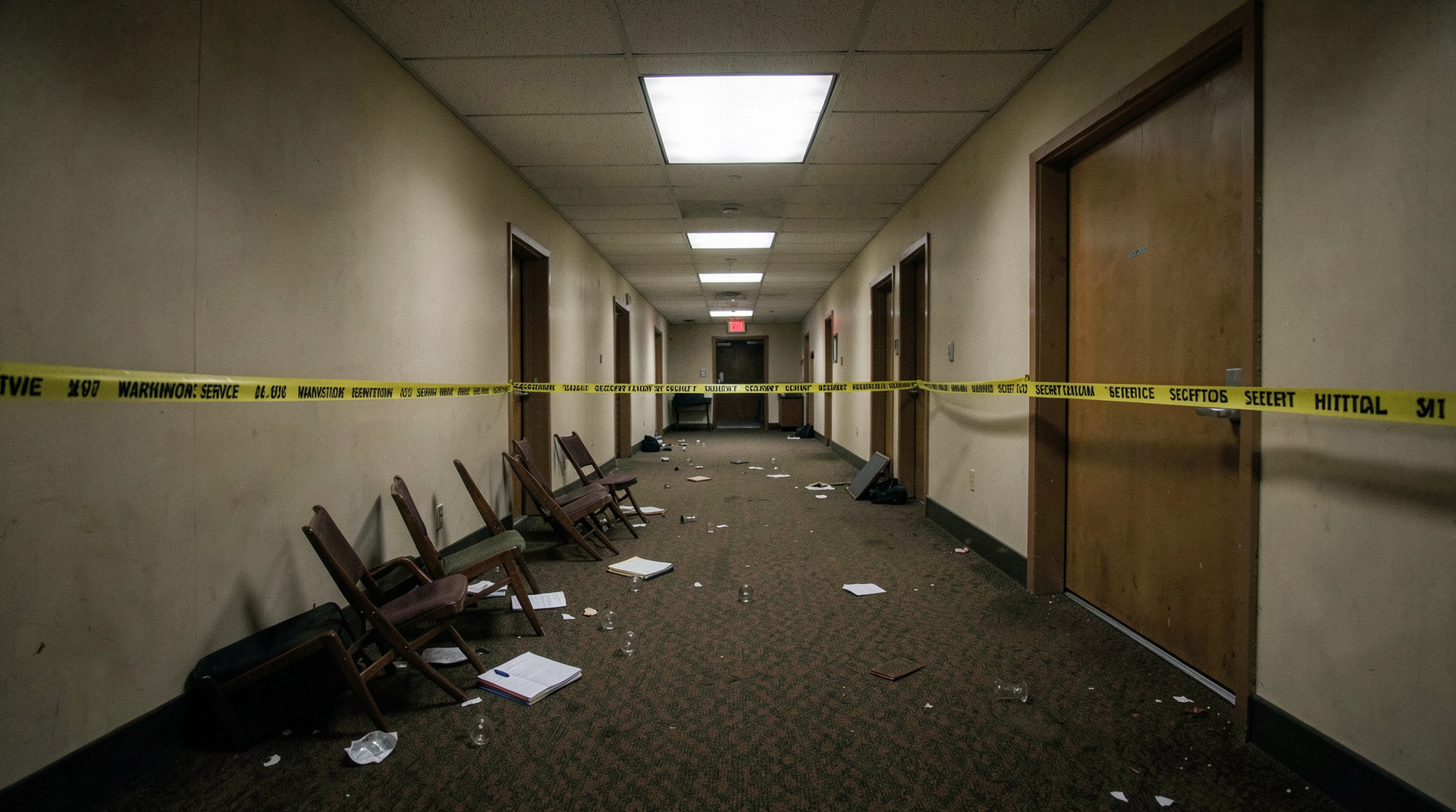 Empty Washington Hilton ballroom hallway with Secret Service tape and overturned chairs after the WHCA dinner evacuation