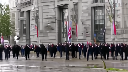 A diplomatic motorcade outside a gray Moscow ministry building in rain
