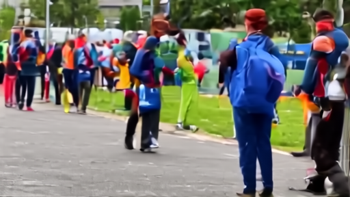 Older marathon runners near a finish area while a volunteer checks a results tablet