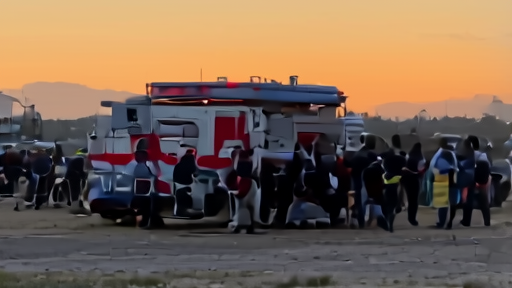 Evacuees entering a Red Cross shelter under wildfire smoke
