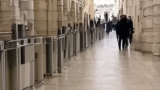 A Capitol hallway with staffers carrying folders past metal detectors