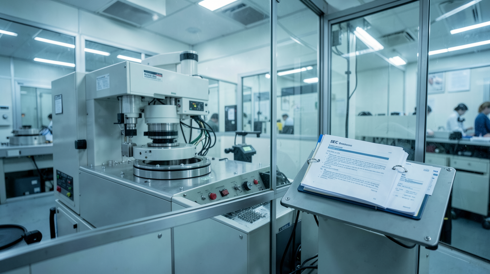 Semiconductor wafer inspection station beside SEC-style filing binder in a cleanroom