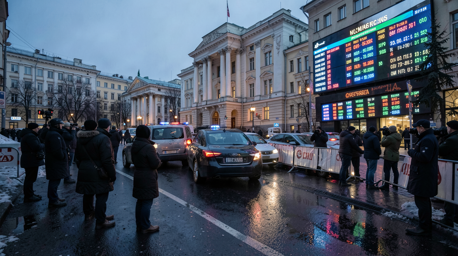 Diplomatic motorcade outside a Moscow ministry with oil price screens nearby