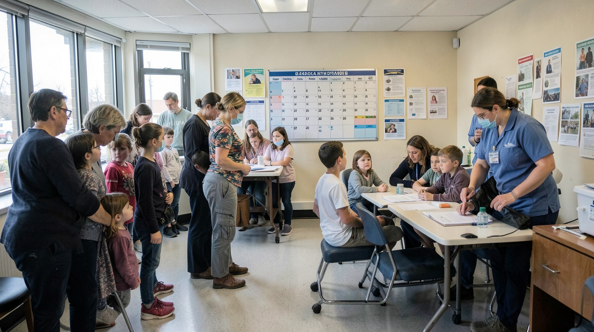 Ottawa public-health vaccination clinic with families, nurses, and a wall calendar