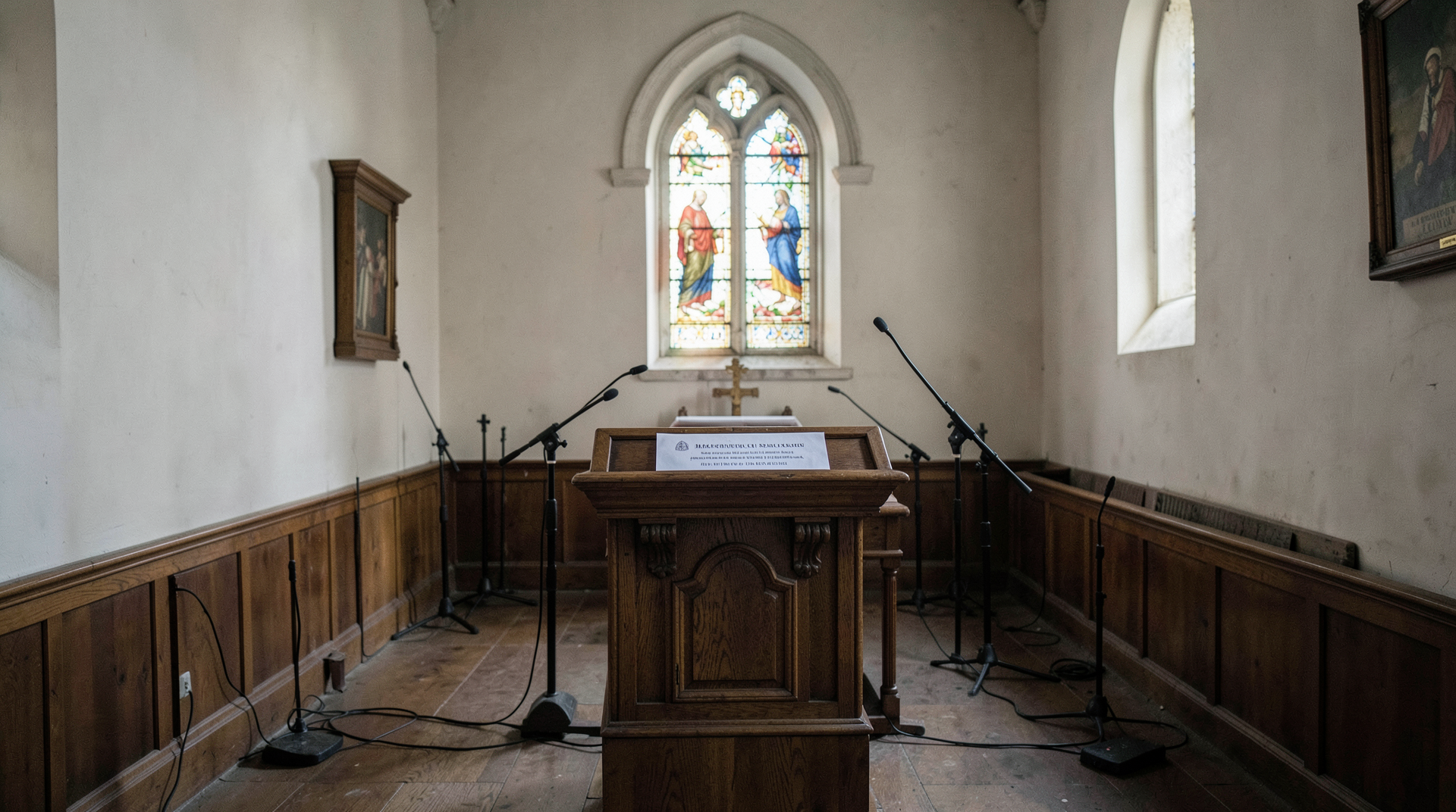 Quiet chapel lectern with a printed papal statement and empty microphones nearby