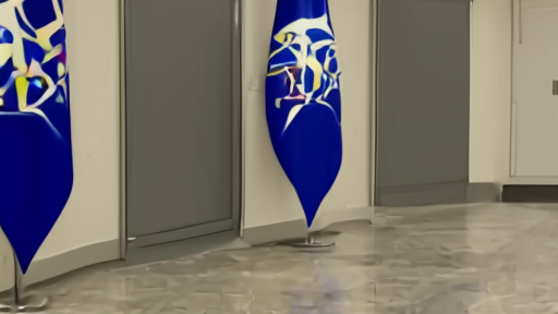 NATO headquarters corridor with Spanish and British flags near closed doors