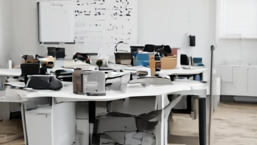 Empty newsroom desks with boxed belongings and a staffing chart