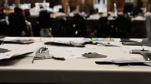 Empty press tables in a hotel ballroom with notebooks and lanyards under chandeliers