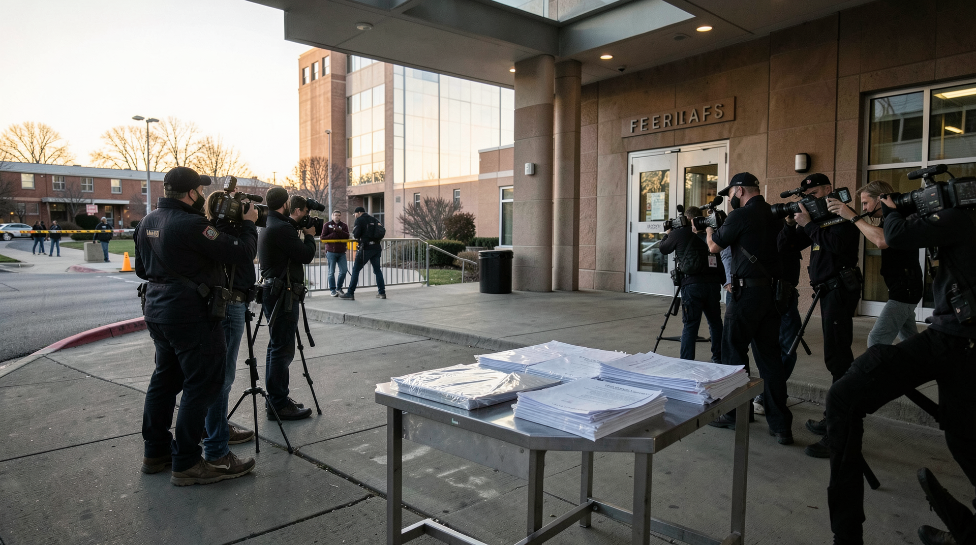 Federal courthouse steps at dawn with press cameras and sealed filings after the WHCA shooting