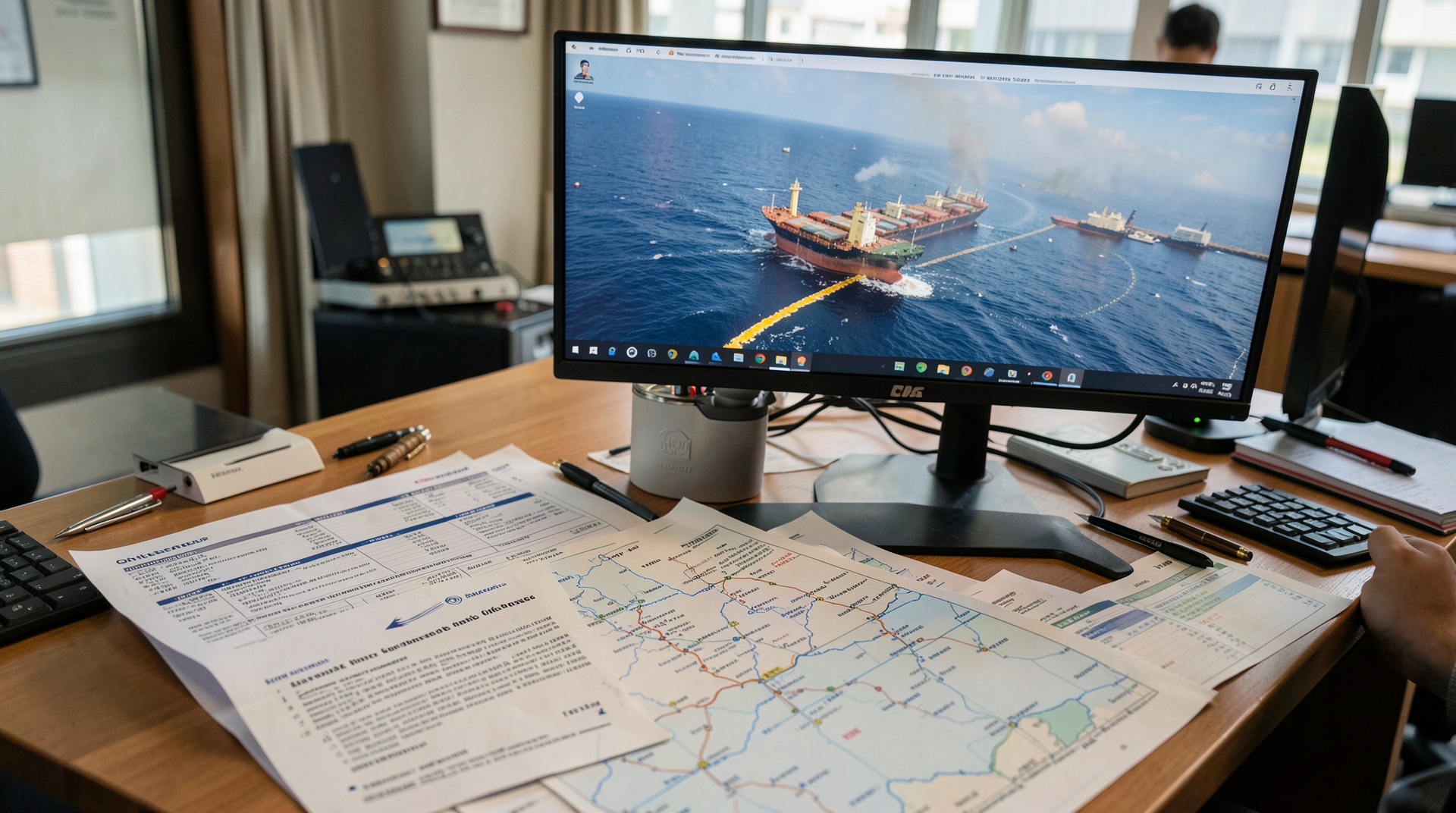 Oil earnings documents and tanker-route maps spread across a trading desk