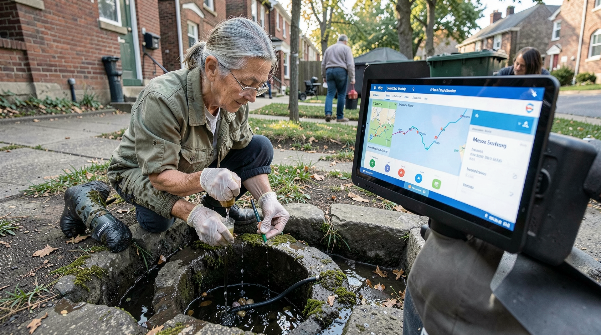 Public-health worker collecting a wastewater sample while a tablet shows surveillance data