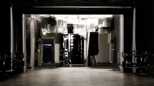 Dark arena box office with printed tour schedule and stage rigging crates