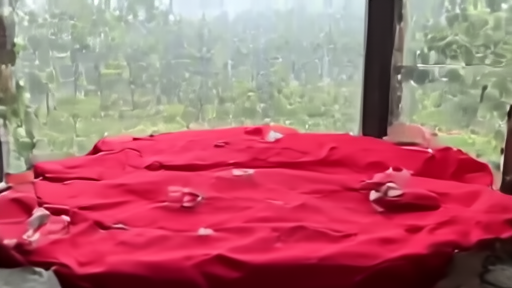 Red Cross cots in a community shelter with wildfire smoke outside