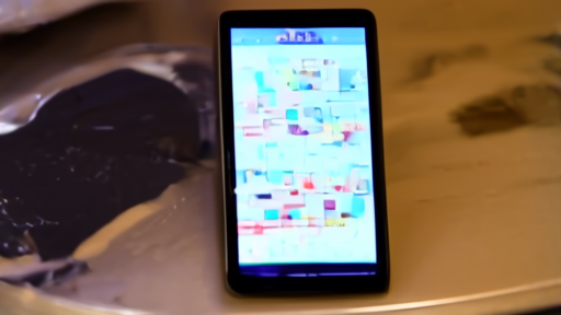 Phone with blurred dating-app grid beside a sealed vinyl sleeve on a nightclub bar