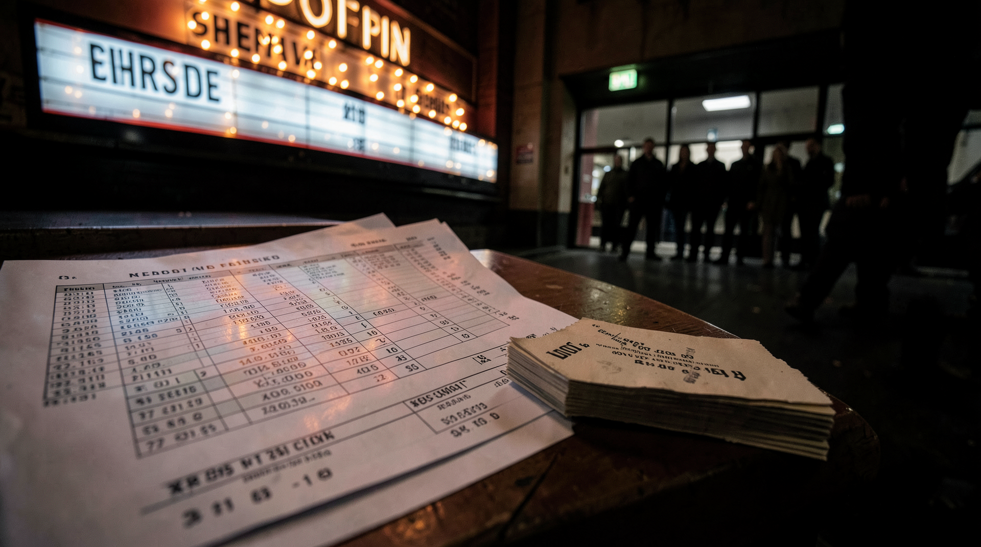 Movie theater marquee reflected over a studio-finance spreadsheet and ticket stubs