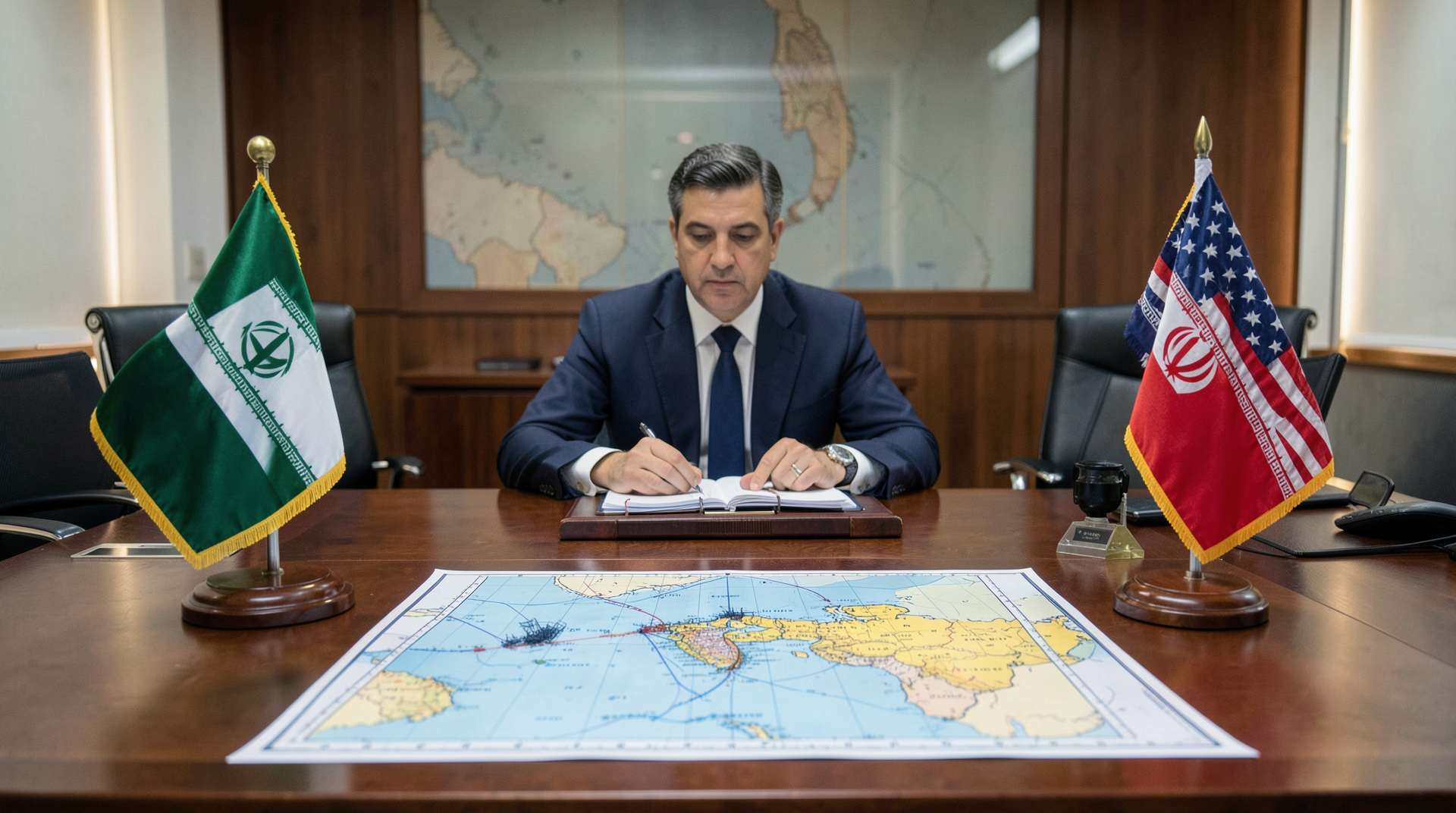 Diplomatic folders and small flags on a table over a Strait of Hormuz map