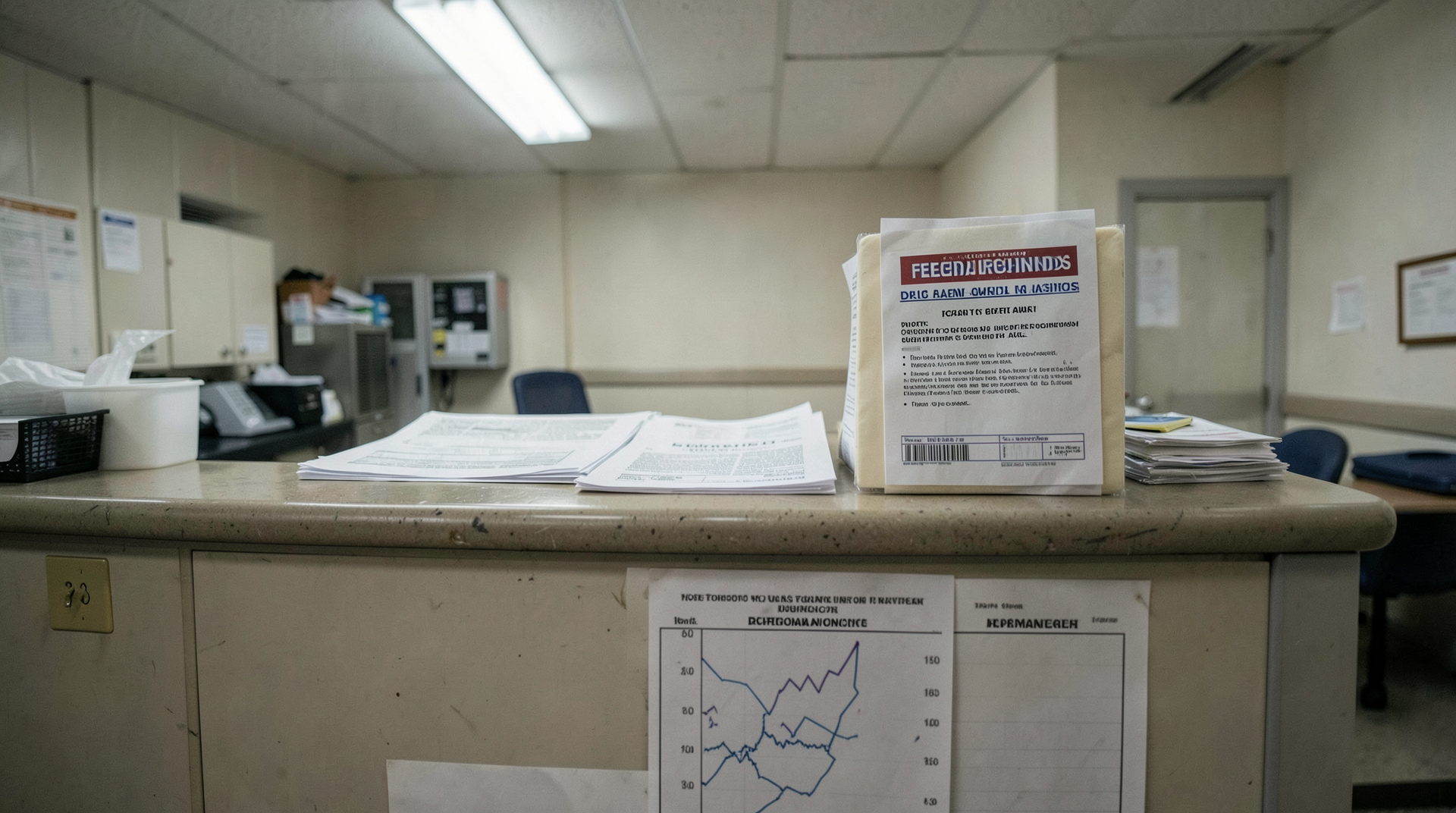 Family-planning clinic desk with federal grant paperwork and a demographic chart