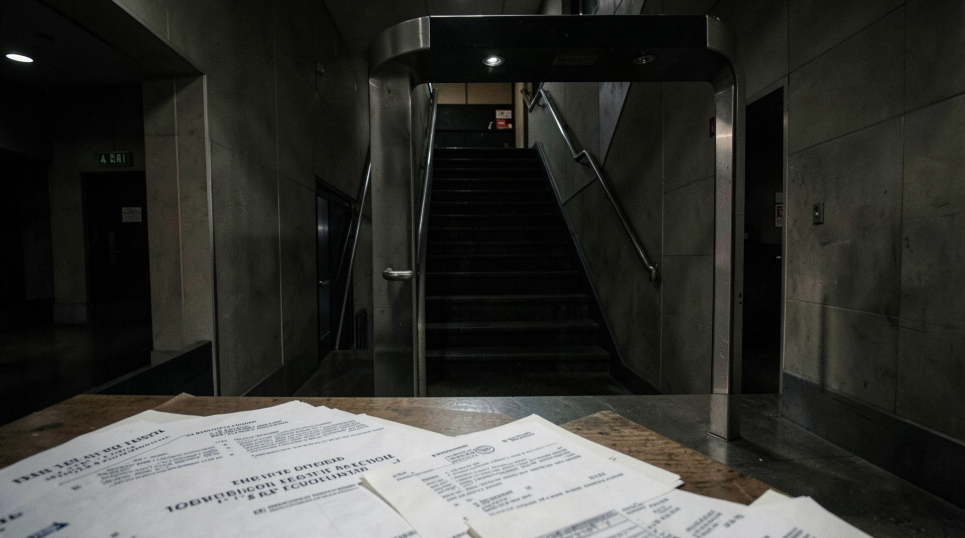 Hotel staircase landing with a security checkpoint and court papers in the foreground