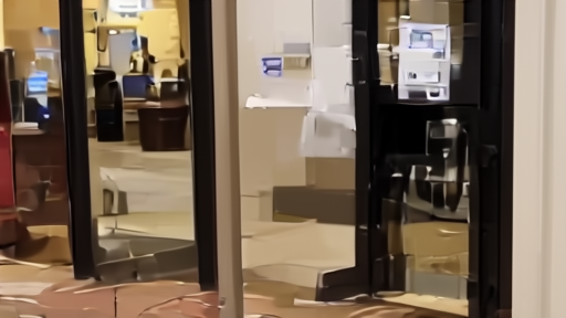 Press badges and security bins outside a hotel ballroom with no notice posted