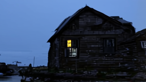 A coastal New England town at dusk, lights on in a single bay-front cottage