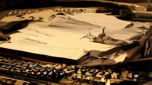 Recording studio mixing console at twilight with sheet music and a closed bank ledger on the desk