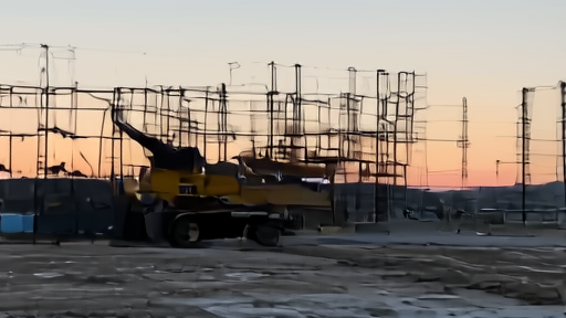Yellow Caterpillar excavator on a partially completed data center construction site at dusk