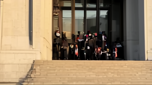 The federal courthouse on Constitution Avenue at 8 a.m. with a small press scrum gathered before an arraignment.