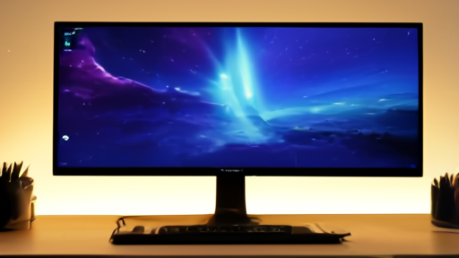 A PS5 console on a desk beside a glowing monitor showing a deep-space nebula