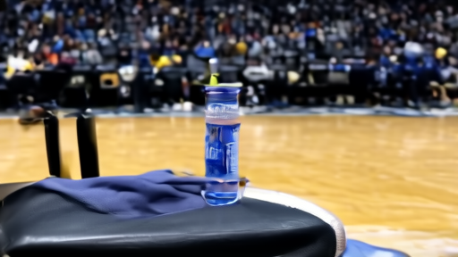 An empty NBA bench seat with a folded warmup jersey and a closed water bottle