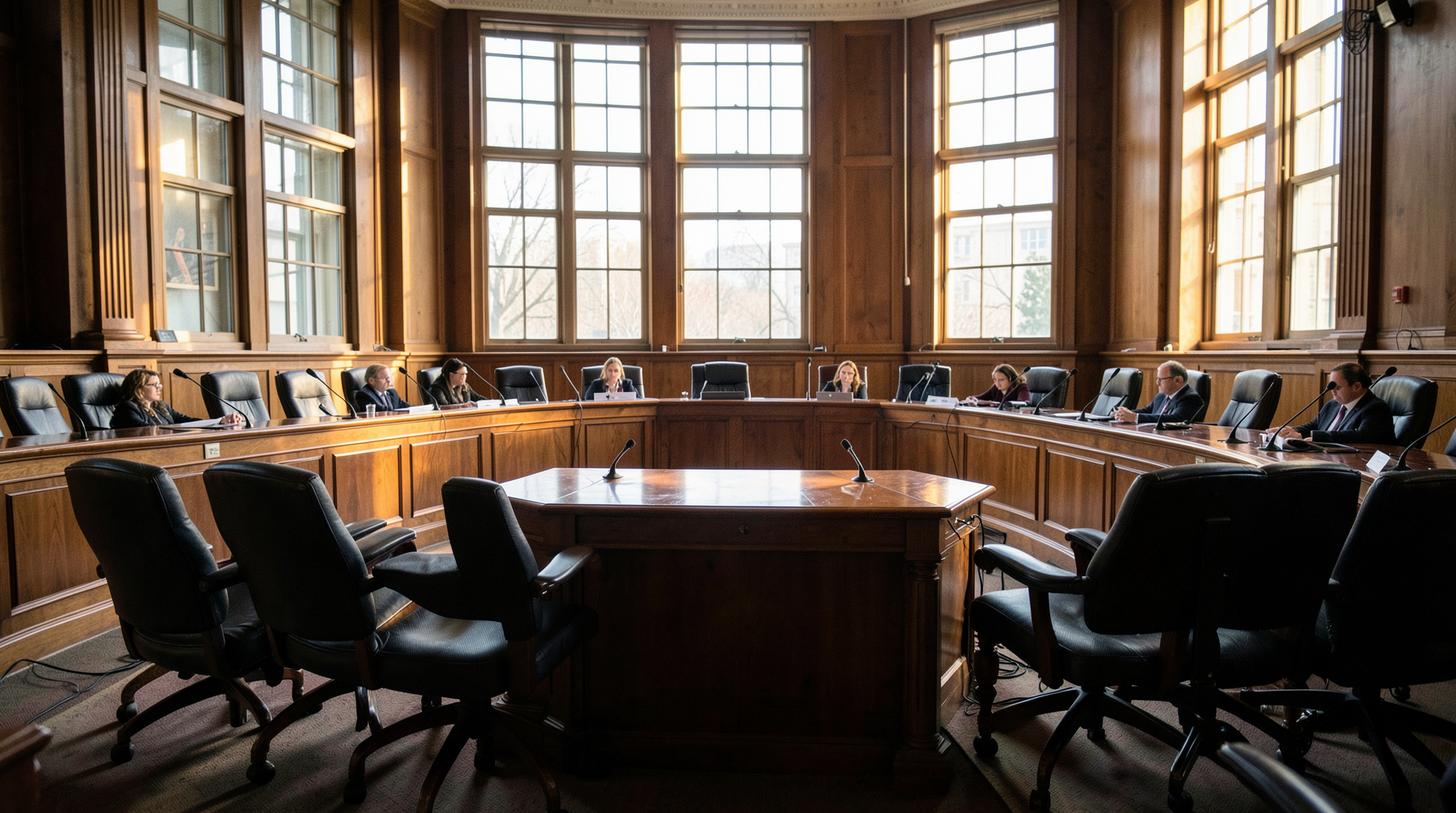 An empty Senate Rules Committee hearing room with the dais lit but unattended in late afternoon.