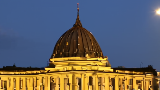 Hungarian parliament dome at dusk with EU-flag bunting on a nearby balcony.