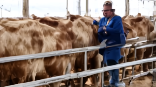 Holstein cows at a milking parlor in southern Idaho with a state veterinary inspector in field clothing observing a clipboard.