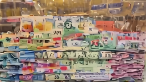 A Tehran currency exchange window at dusk with rial banknotes stacked behind glass and a posted dollar rate