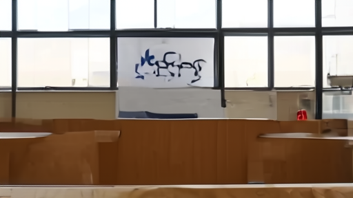 An empty Los Angeles City Council chamber with a vacant signing desk and an LA28 banner