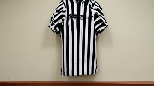 An empty referee's locker room with three black-and-white striped jerseys hanging on hooks