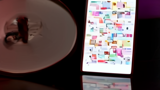 A picture-disc vinyl sleeve photographed beside a phone showing the Grindr app grid
