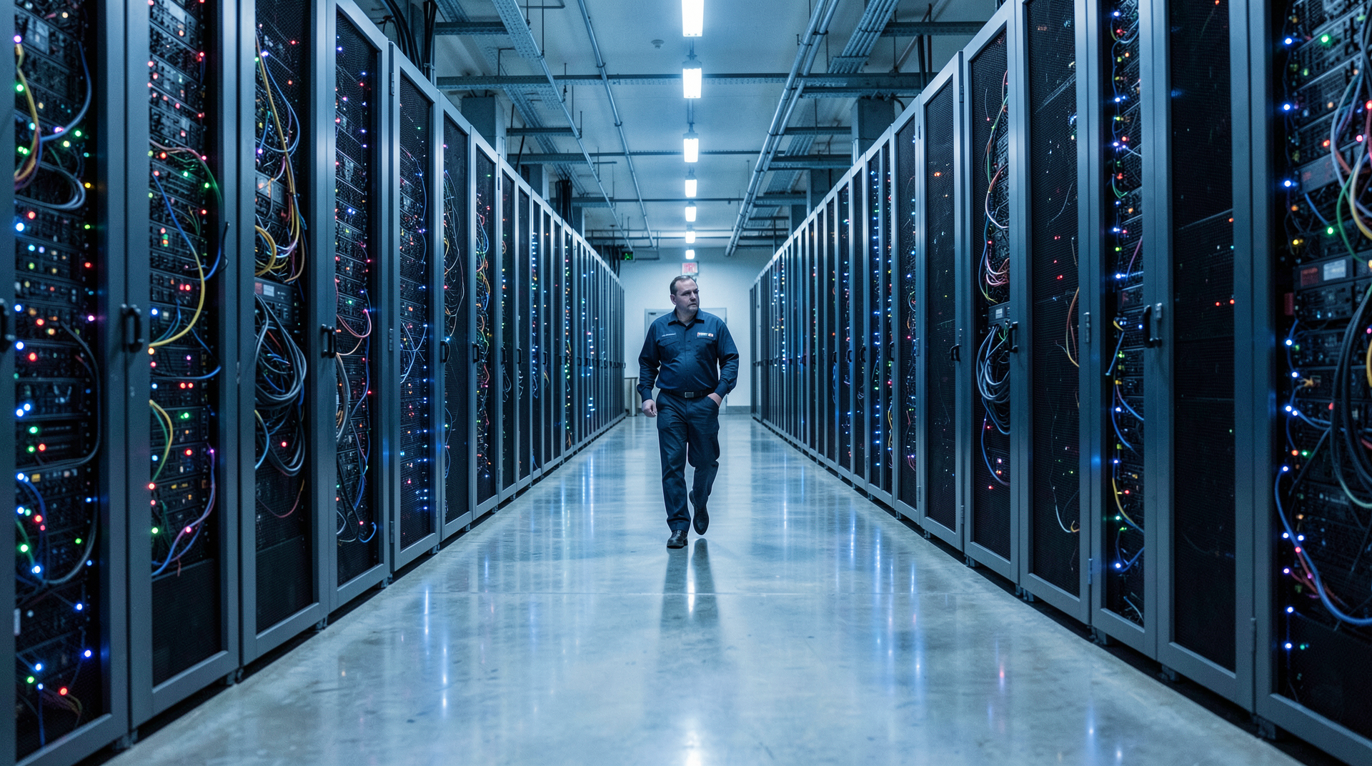 A data-center rack hall lit blue-white from cooling rows with a single technician's silhouette at the corridor's end.