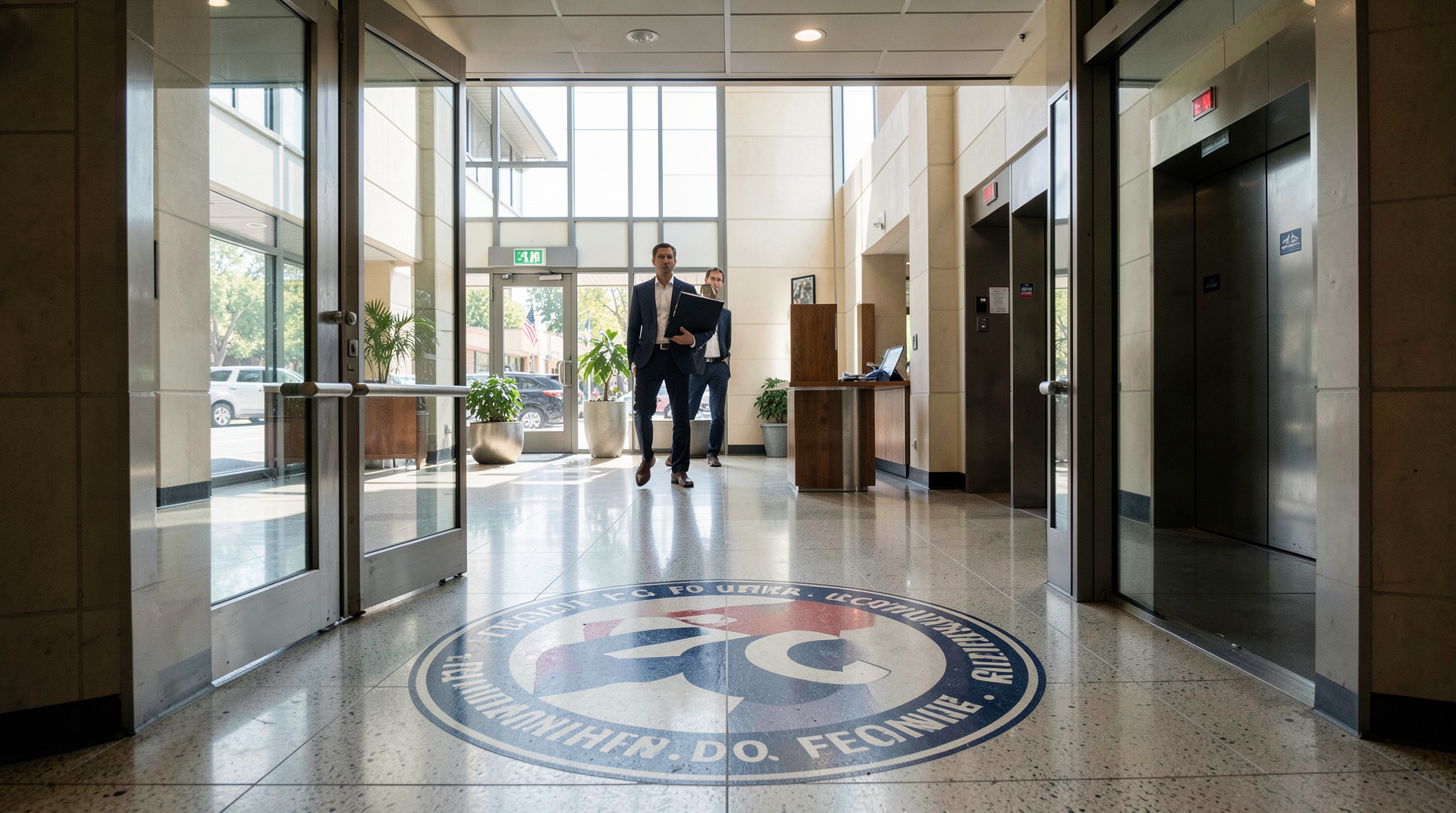 FCC headquarters lobby with the agency seal in the foreground and a courier carrying a thick filing folder.