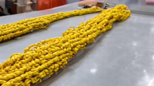 Coiled fishing rope and small orange buoy laid out on a long table at a NOAA Fisheries facility, with color-coded twine markings visible.