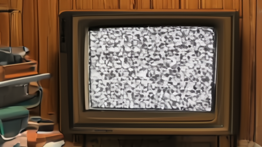 A retro 1980s television set tuned to a static channel in a darkened suburban basement
