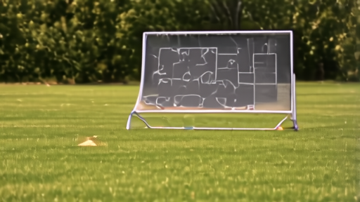 An empty community soccer pitch with a chalkboard tactics diagram